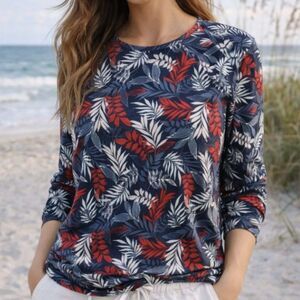 Hang Ten Sun Shirt XL UPF 50+ Long Sleeve Navy Blue Red Tropical Leaf Print Swim